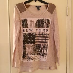 Long sleeve tan shirt with suede shoulders